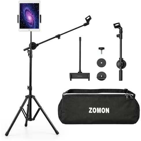 FERNVALE Heavy Duty Microphone Stand with Tablet Holder – Adjustable Tripod Boom Arm Floor Mic Stand with Phone & Pad Clamp – Height & Angle Adjustable, Stable Steel Base with Carrying Bag