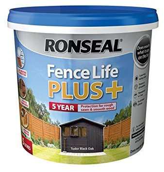 Ronseal Fence Life Plus+ Tudor Black Oak 5L, 5 Year Long Lasting Protecion, All Weather Protection, Sticks to Damp Wood, Brush or Spray on, for All Sheds and Fences Also Showerproof in 1 Hour