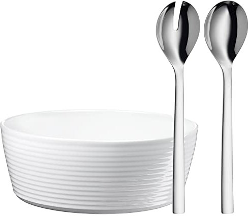WMF Nuova Salatschüssel Set 3-teilig, Salatbesteck Edelstahl 30 cm mit Salatschale, Cromargan Edelstahl poliert, Porzellan, spülmaschinengeeignet