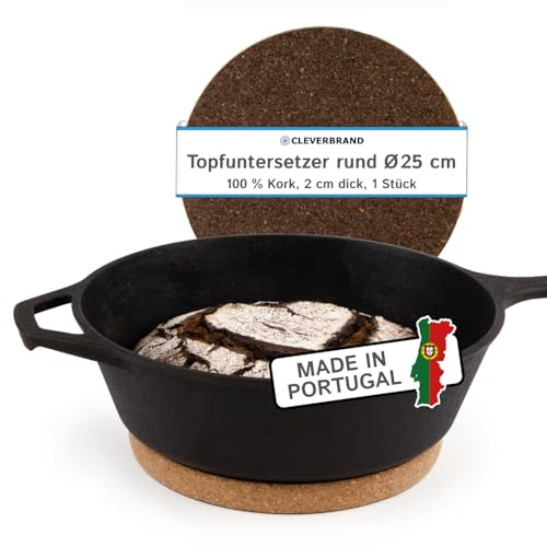 Cleverbrand Topfuntersetzer aus Kork, hitzebeständig, Ø 25 cm, 2 cm dick rund, Naturkork Untersetzer für Töpfe und Pfannen – Made in Portugal