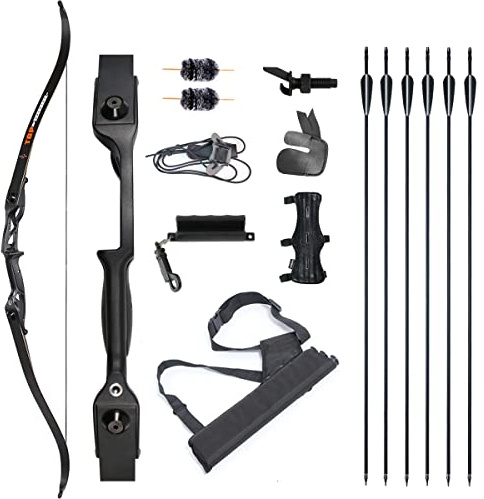 TOPARCHERY Archery 56 Takedown Recurve Bow and Arrow Set Metal Riser Right Hand Black Longbow Kit with 6Pcs Carbon Arrows Right Hand (45)