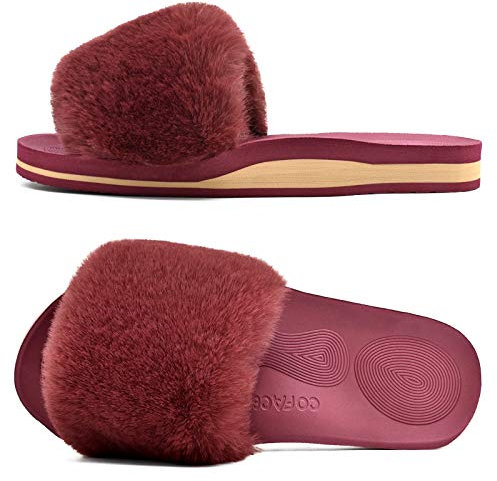 COFACE Womens Slippers with Arch Support Open Toe Faux Fur Women Fluffy Sliders Size 6 Orthopedic Orthotic Ladies House Slippers for Plantar Fasciitis
