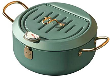 Tempura Frying Pan, 10 inch Deep Fryer Pot with Temperature Control, Carbon Steel Japanese Fryer Pot for Kitchen Home Cooking Chicken Legs, Dried Fish Tools (Green)