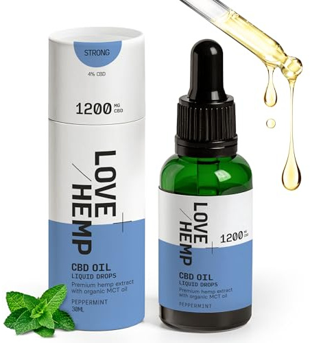 Love Hemp CBD Oil Drops 30ml 1200mg Made in UK Peppermint/High Strength - CBD Oil for Sleep with MCT, Vegan & Gluten-Free, THC Free, Natural Daily Health Hemp Extract, Anxiety Relief for Adults