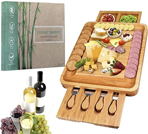 Premium Bamboo Cheese Board Set with Stainless Steel Utensils - Charcuterie Platter Board with Slide Out Drawer and Cutlery - Serving Meat Tray with Knife Set for Housewarming, Wedding & Birthday Gift