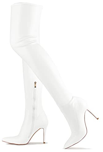 CAMSSOO Women's White Thigh High Boots Faux Suede Elasticity Heels Over The Knee Boots Side Zip Pointed Toe Fashion Sexy Winter Stiletto Knee High Boots White Matte PU Size US9.5 EU41