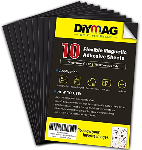 DIYMAG Magnetic Adhesive Sheets, 4 x 6 10 Pack Photo Mat Cuttable Magnets Flexible Magnet Sheet for Crafts Photos Classroom Decorations Easy Peel and Stickers for Planning and Organization ﻿