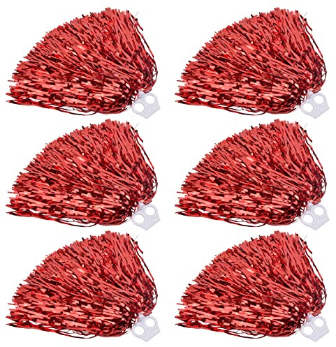Pinsheng 6 Pezzi Cheerleading Pom Poms, Cheerleader Pompon Colorati con Anello in Plastica per Sport Ballo di Festa (Rosso)