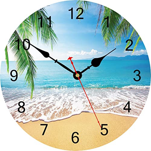 TAHEAT 30 cm Palmen Meer Wanduhr, Sommer Strand Welle Uhren, Lautlos Nicht Tickend Holz Wanddekoration für Küche/Schlafzimmer/Wohnzimmer/Badezimmer