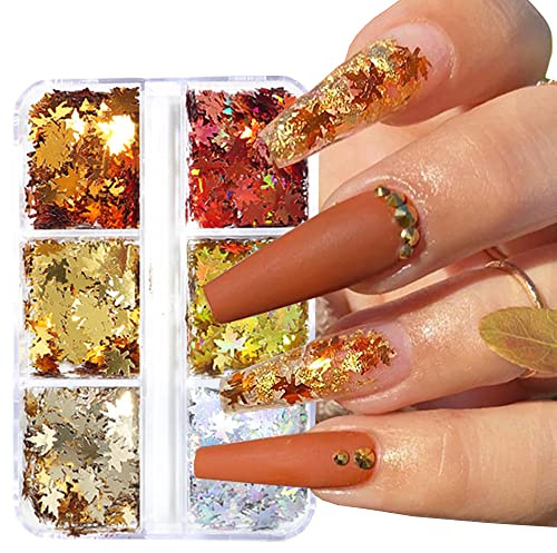 6 Farbe Herbst Nägel Glitzer Pailletten, 3D Holographic Fall Glitzer für Nägel, Maple Leaf Gold Sequins Stickers Nagel Deko Herbst Glitzer