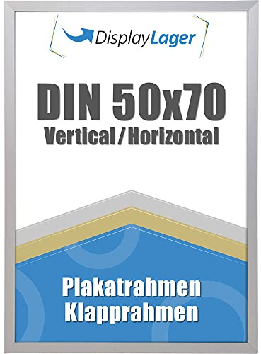 DisplayLager - Flat Profile Klapprahmen, Dünne 20mm Aluminium Profil, Entspiegelter Schutzscheibe, Befestigungsmaterial (Silber, 50 x 70 cm)