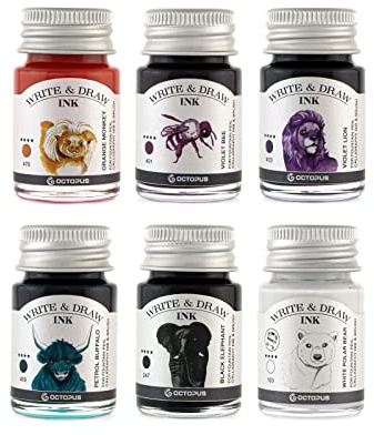 Octopus Write & Draw Ink Set - Basic Mix Calligraphy Ink for Fountain Pens, Waterproof, 6 x 6 x 10 ml
