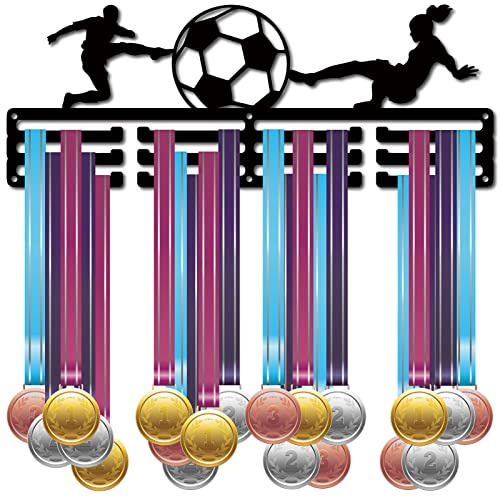 CREATCABIN Medaillenhalter Fußballspieler Fußball-Metallmedaillenaufhänger Sport 3 Sprosse Abzeichen Vitrine Halter Rack Wandhalterung Rahmen Geschenke Für Jungen Laufen Gymnastik Über 60 Medaillen