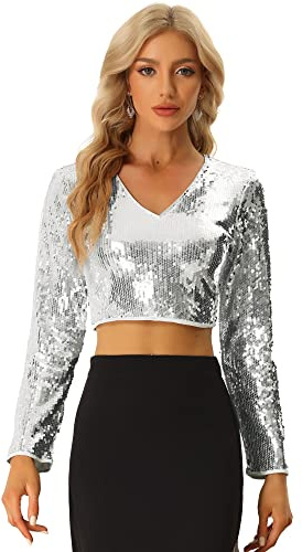Allegra K Damen Kostüm Langarm Pailletten Crop Top V-Ausschnitt Glitzer Party Blusenshirt Bluse Silber L
