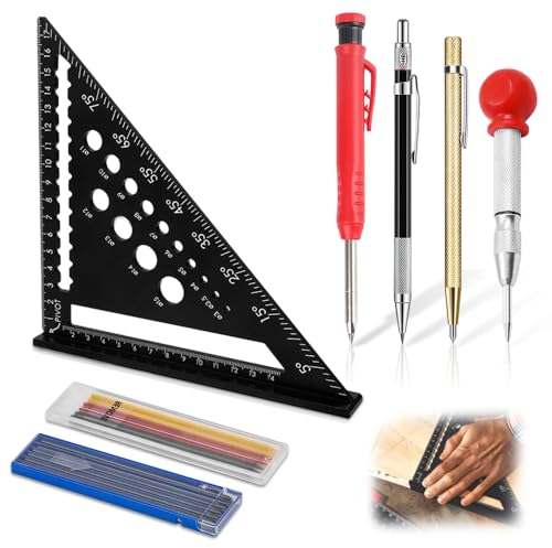 Zimmermannswinkel Set,180mm Winkelmesser Anschlagwinkel,Metrisches Dreieckslineal mit Tieflochmarker + Bleistiftminen,Multifunktional Dreieckslineal Schreinerwinkel für Zimmermann,Dachdecker,Ingenieur