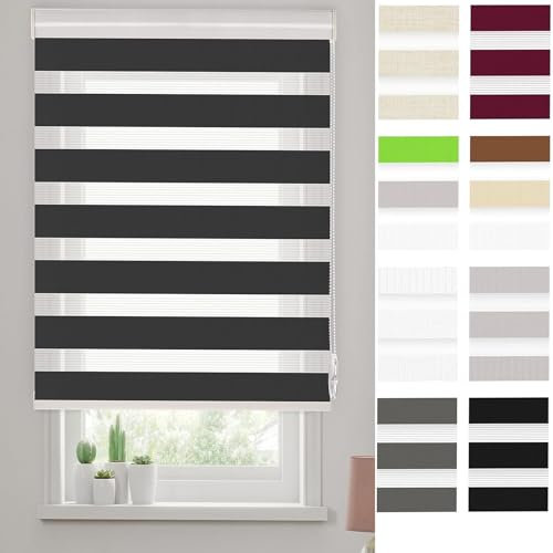 Verdunklungsrollo Thermorollo 40 x 350 cm Höhe Stufenlos Verstellbar Duo Doppelrollo, Fensterrollo Doppelrollo mit Bohren für Fenster & Tür, Schwarz
