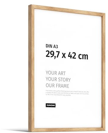 JUNOMI® Premium Bilderrahmen Eiche DIN A3 (29,7x42 cm) | Echtholz Bilderrahmen DIN A3 aus Eiche mit bruchsicherem Acryl-Glas | Eichenrahmen
