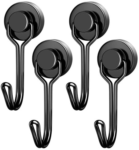 FINDMAG Magnetic Hooks, 4 Pack 30 lb+ Swivel Swing Neodymium Magnetic Hook, Black Magnet with Hooks Heavy Duty, Strong Magnet Hooks for Hanging, Magnetic Hooks for Cruise, Camping, Kitchen