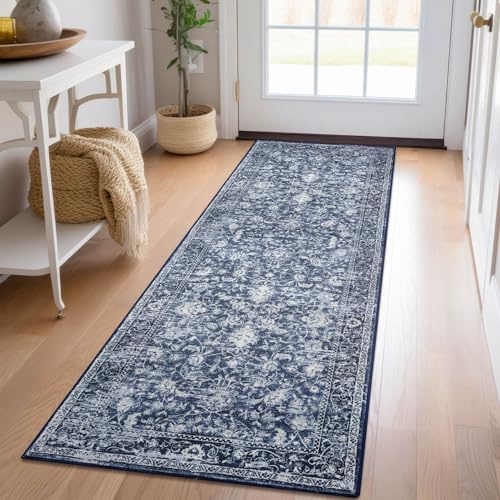 KILOCOCO Hallway Runner 2x6 Rug Runner Printed Vintage Floral Washable Kitchen Runners Non-Slip Rubber Backed Runners for Hallways Laundry Room Distressed Boho Rugs for Entryway Bedroom, Blue