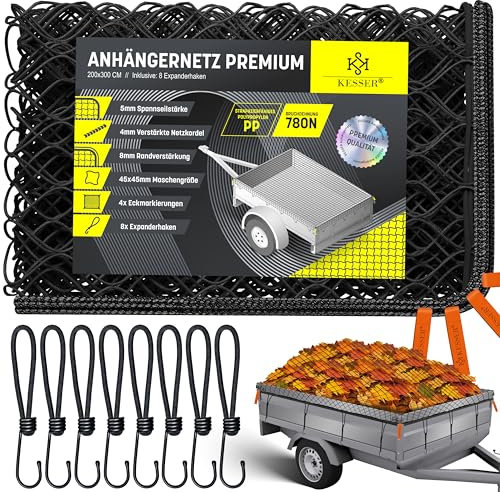 KESSER® Rete per rimorchi a maglia fine con ganci | Rete per rimorchi | Rete per container per la messa in sicurezza del carico | Rete di sicurezza | 200 x 300cm - Verde