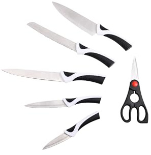 BERGNER KYOTO - Set 6PZS Cuchillos Acero Inoxidable - Incluye Chef, Trinchar, Pan, Multiusos y Pelar - Mangos Ergonómicos - Resistentes y Fáciles de Limpiar, Plata