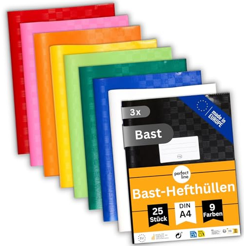 perfect line 75 Bast-Hefthüllen DIN-A4, 9 Farben, Heftumschlag mit Beschriftungsetikett, Heftschoner aus recycelbarem PP, dokumentenecht (3 x 25 Stk.)