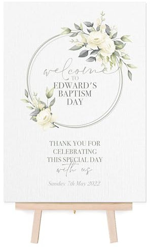 Personalised Christening Day/Baptism Welcome Sign in Green Botanicals (FC23) (A3 with Easel)