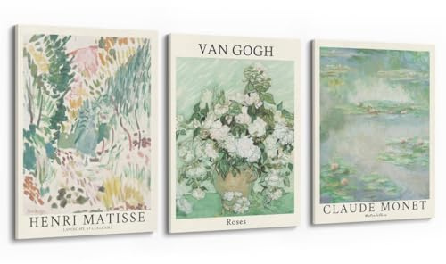 MINI ZOZI Sage Green Canvas Framed Wall Art Set Of 3 Matisse Van Gogh Monet Flower Prints 12x16 Wall Decor Large Mid Century Modern Aesthetic Over Bed Poster Painting Master Bedroom Living Room