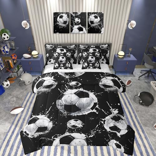 Feelyou Kids Boys Football Soccer 7 Piece Bedding Set Twin Size Sports Game Soccer Comforter Set with Sheets for Teens Boys Girls Black White Soccer Bed in a Bag