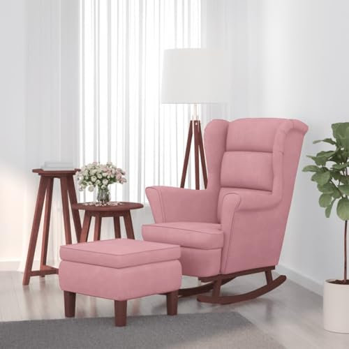 Willood Wilood Schaukelstuhl Sessel Relaxsessel Schaukelsessel Wohnzimmersessel und Hocker mit Holzbeinen Rosa Samt