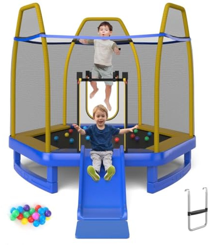 SPOTRAVEL 7FT Kids Trampoline, Outdoor Trampoline with Safety Enclosure, Slide & Ladder, Toddler Jumping Bounce House for Yard, Garden & Gym(Blue + Yellow)
