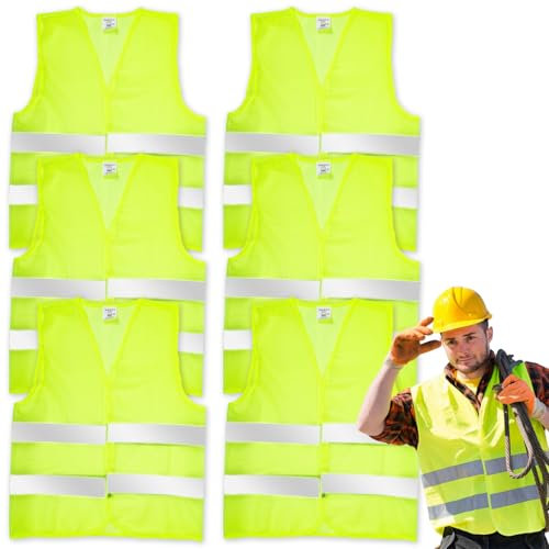 6 Pack Hi Vis Safety Vests, Yellow Reflective Jackets for Women Men, High Visibility Silver Strip Vests for Construction Worker Surveyor Security Guard, Night Safety Gear for Walking Running Cycling