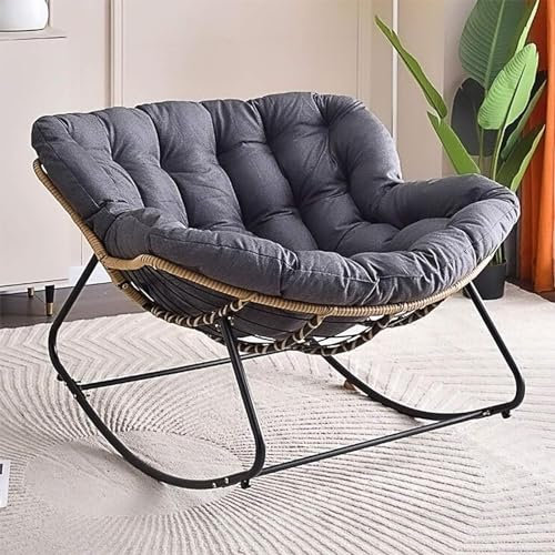 Ergonomischer Outdoor-Schaukelstuhl mit weichem, dickem Kissen, bequemer Weiden-Papasansessel für Wohnzimmer, Schlafzimmer, Lesezimmer, Innenbereich, Rattan-Lounge-Stuhl (dunkelgrau)