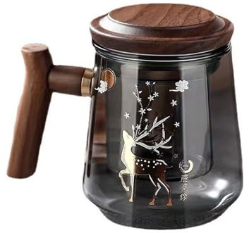 WINIAER Tasse à thé avec infuseur et couvercle, tasse à thé en verre transparent avec poignée en bois, tasse à thé en verre résistant à la chaleur avec filtre à thé, 500 ml