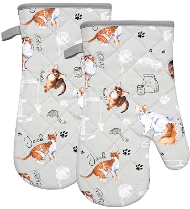 Oven Gloves Gauntlet Set of 2 - Heat Resistant Mitts for Kitchen Cooking, Baking, Grilling, and BBQ - Perfect New Home, Birthday (Cat Print Design)
