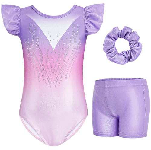 Gogokids Mädchen 3-teiliges Flatterärmel Gymnastik Set - Kinder Gymnastiktrikots mit Farbverlauf Pailletten & Glitzer Design, Gymnastikkostüm Set enthält Trikot, Shorts und Haarband für 3-12 Jahren
