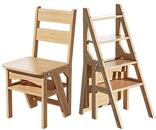 Home Step Stool, Multi-functional Wooden Folding Ladder, Solid Wood Wide Footstool/Wooden Ladder/Bar Chair/Flower Stand Durable (Wood Color)