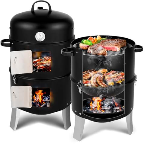 Charcoal BBQ Grill,3-in-1 Round Smoker BBQ Charcoal Barbecues with Temperature Gauge,2 Tier Barbecue Smoker Grill for Outdoor Party Camping Cooking
