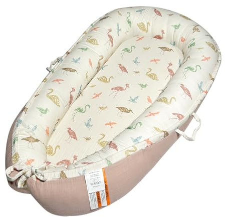 Little Grape Land Babynest XXL 90x65 cm aus Musselin – tragbarer Babykokon/Bettverkleinerer mit Tragegriffen, verstellbar per Kordelzug, für Neugeborene 0–24 Monate, Vögel