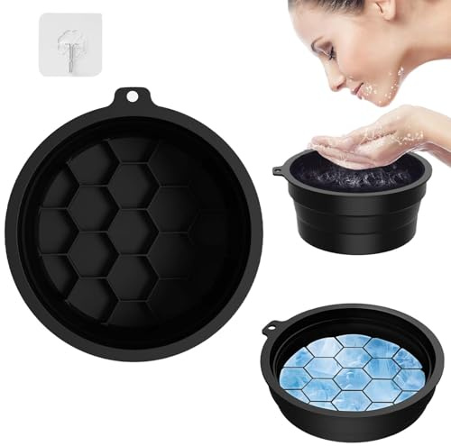 TREABEAR Waschschüssel Pflege für Erwachsene Schwarz, Faltbare Schüssel With Built-In Icetray, Tragbare Hautpflegeschüssel 215mm × 100mm, Silikon Faltbare Schüssel Face Bowl for Ice mit Haken
