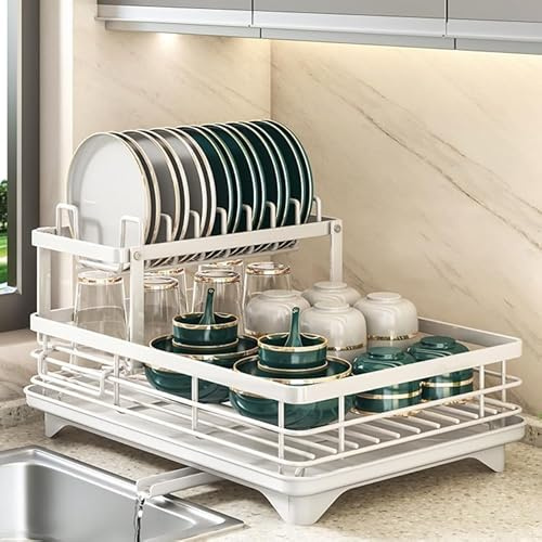 huixiaoqing 2 Tier Dish Drainer Rack with Drip Tray, Space-Saving Dish Rack for Kitchen Counter, Large Capacity Dish Drainer Organizer Sink Drainer with 360° Swivel Drainage Spout (White)