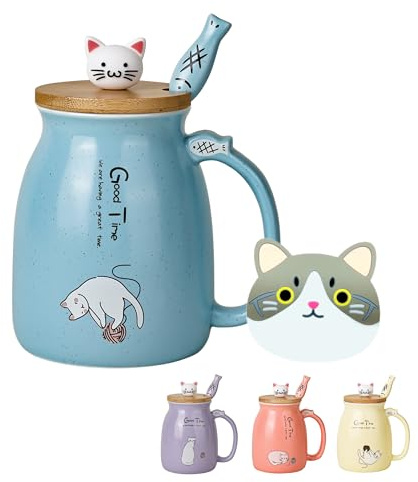 Söt kattmugg Kawaii keramisk kaffekopp med kattunge trälock och härlig sked i rostfritt stål nyhet morgonkopp japanska djurmuggar jul födelsedagspresenter för kvinnor kattälskare present (blå)