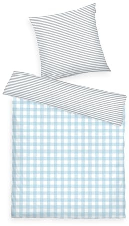 Tom Tailor Linge de lit en Flanelle, 65 x 100 cm + 160 x 210 cm, 100% Coton/Flanelle, avec Motif réversible et Fermeture éclair colorée, Classic Check Gris, Bleu Clair (Light Grey & Sky Blue)