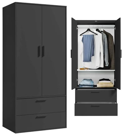 mokebo Kleiderschrank 'Der Kleiderheld' (80x180x51 cm) Made in Germany, Garderobenschrank, Flurschrank, Schlafzimmer & Ankleidezimmer, mit 2 Schubladen & 2 Einlegeböden aus Holz in Anthrazit Schwarz