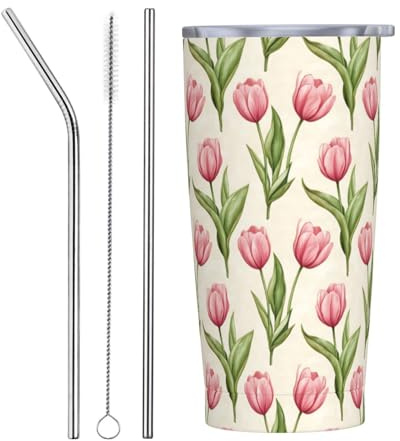Vaso con estampado de tulipanes rosas con tapa y popote, vasos aislados de acero inoxidable de 20 onzas, vaso de café personalizado, botella de agua