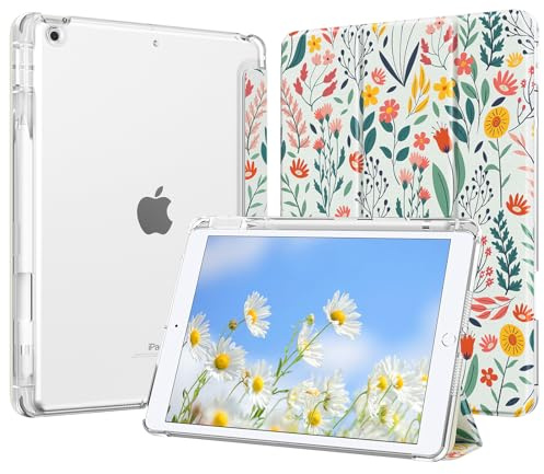 MoKo Coque pour iPad 9e/8e/7e Génération 10,2 Pouces avec Porte-Stylet | Pour iPad 10,2 Coque 2021/2020/2019, Mince Léger Étui à Trois Volets avec Coque PC Arrière Transparente Robuste, Fleur