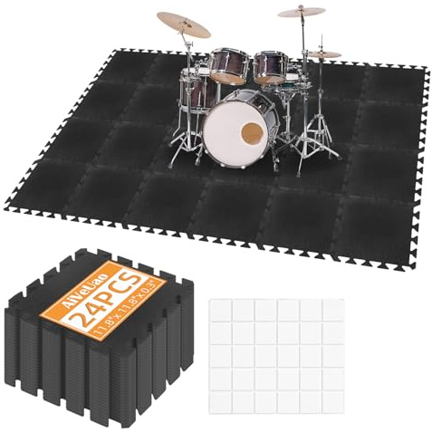 AiVeUao 24Pcs Sound Absorbing Interlocking Floor Mats, 11 x 11 x 0.3 Inch High Density Piano Carpet Drum Rug, Non-Slip Anti Vibration Soundproof Pads, Black