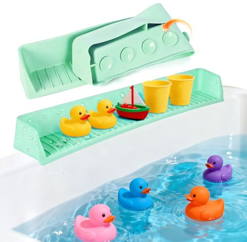 Himake Splash Guard for Bathtub Kids, Longer Silicone Bathtub Splash Guard with 11 Suction Cups, Bath Tub Play Shelf for Kids & Toy Holder, Prevent Water Spill in Bathroom, Green