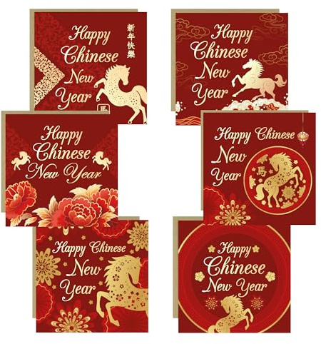 RED OCEAN 2026 Chinese Luna New Year Cards Multipack of 6 Chinese New Year Cards For Family and Friends Year of The Horse Chinese Zodiac Animal Pack With 6 Kraft Envelopes Included