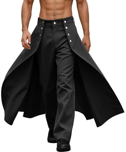 Pantalon pour homme avec panneau de jupe spectaculaire - Combinaison de jupe avant-gardiste - Modèle extravagant avec boutonnière, Stil_q01 Noir, M